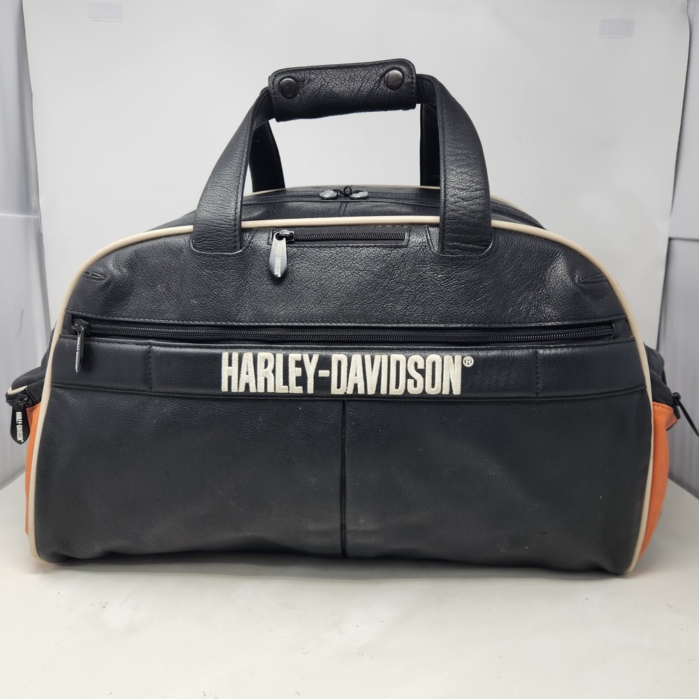 Harley-Davidson Black Leather Duffle Bag Orange Trim Biker Travel Weekend Bag